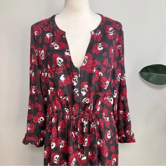 Torrid Skulls And Roses Waist Tie Roll Tab Sleeve Midi Dress Size 1X - Picture 9 of 14